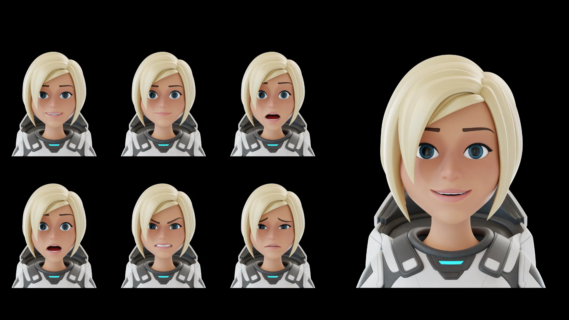 Cartoon Female Astronaut facial expressions showing worried and smiling emotions